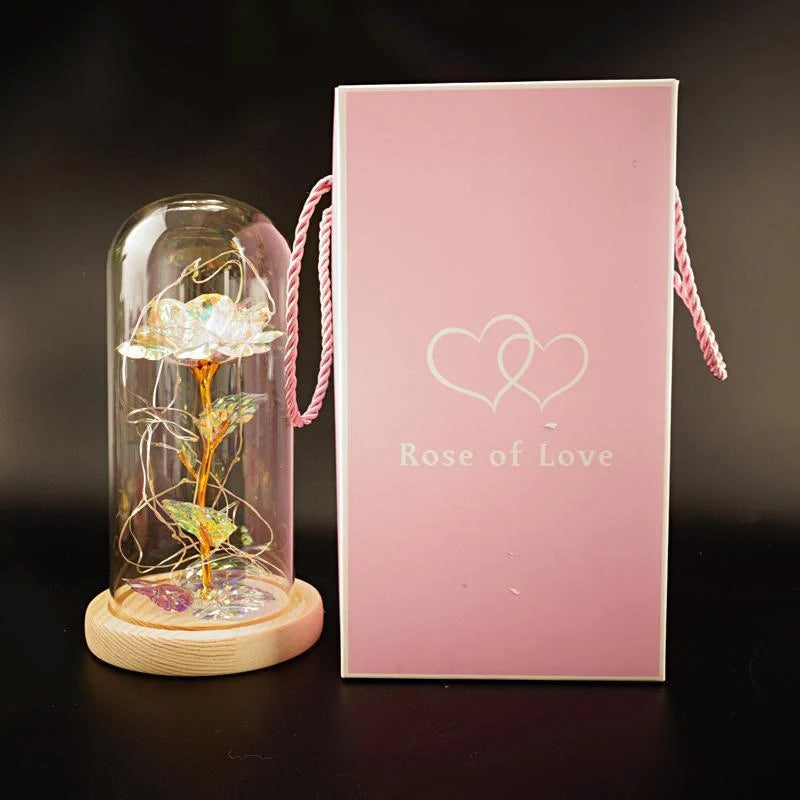 Enchanted Forever Rose in Glass LED Light Christmas Decoration with wooden base