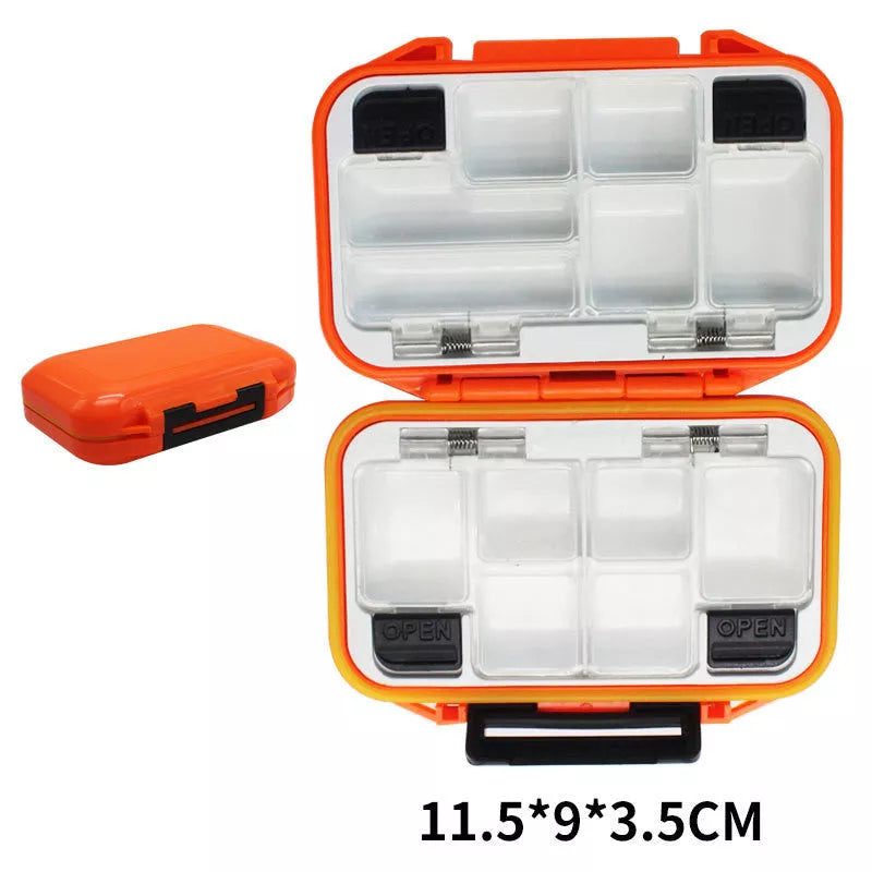 Double-layer spring fishing accessory box in army green, orange, black, and grey colors