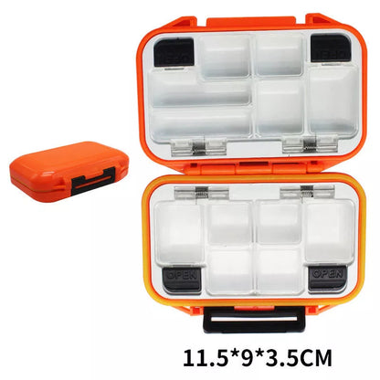 Double-layer spring fishing accessory box in army green, orange, black, and grey colors