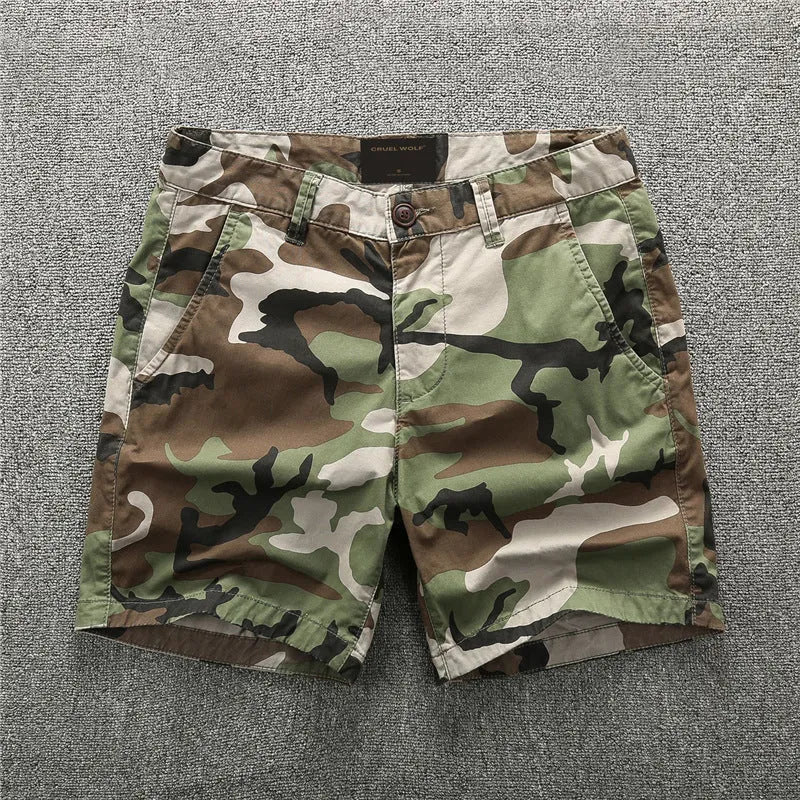 Cotton camouflage summer shorts with zip placket in multiple colour patterns including army green and sand camouflage