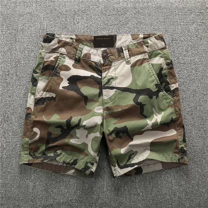 Cotton camouflage summer shorts with zip placket in multiple colour patterns including army green and sand camouflage