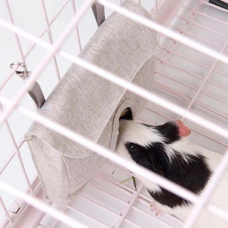 Versatile cloth feeding bags for small pets like rabbits, guinea pigs, hamsters, and chinchillas, available in grey and blue colors in small, medium, and large sizes