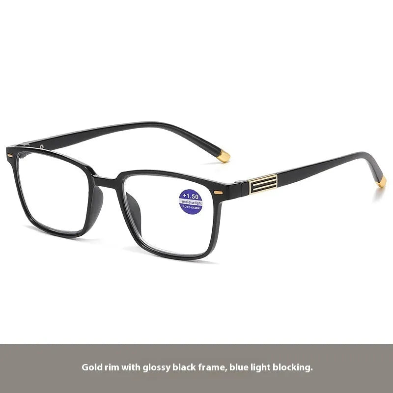 Multifocal reading glasses with anti blue light protection showing colour changing lenses