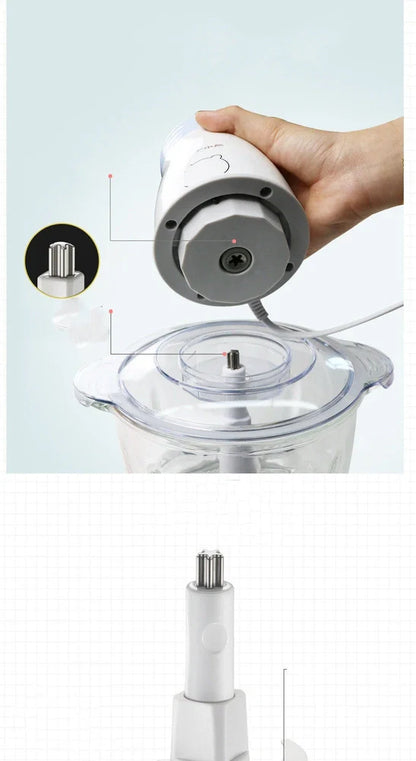 Household electric vegetable chopper blender with glass bowl and stainless steel blade on kitchen counter