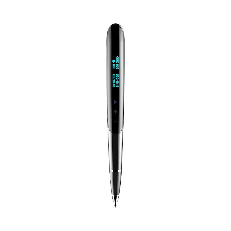 Black digital recording pen with OLED display screen showing recording time, next to included headphones and USB cable.