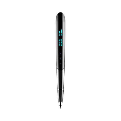 Black digital recording pen with OLED display screen showing recording time, next to included headphones and USB cable.