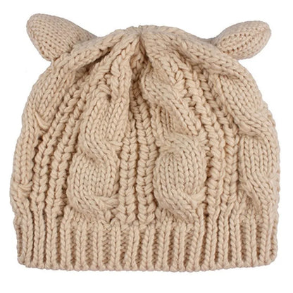 Handmade 3D cat ear knitted beanie in multiple colours showing 25cm width and 22cm height dimensions