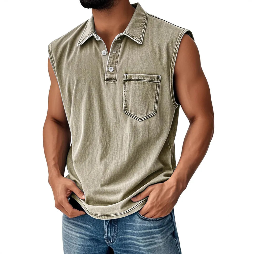 Men's loose fit short-sleeve polo shirt with 3D digital print and button front.