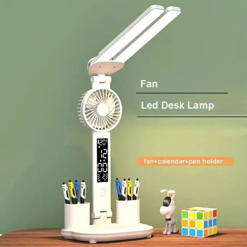 Foldable LED desk lamp with thermometer, calendar, fan, and pen holder