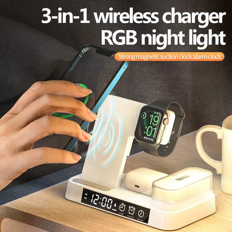4-in-1 multifunction wireless charger station with alarm clock and RGB night light in white and black