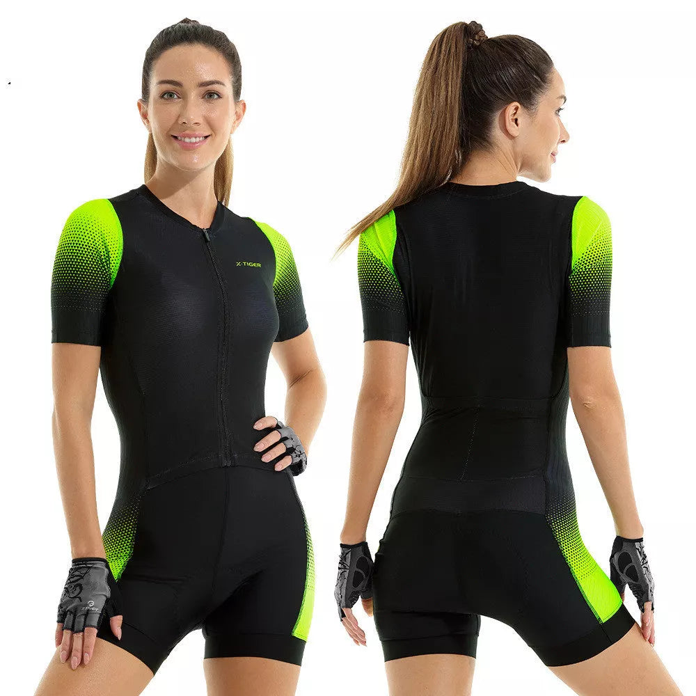 Women's summer cycling one-piece in breathable polyester fabric, available in four colors.