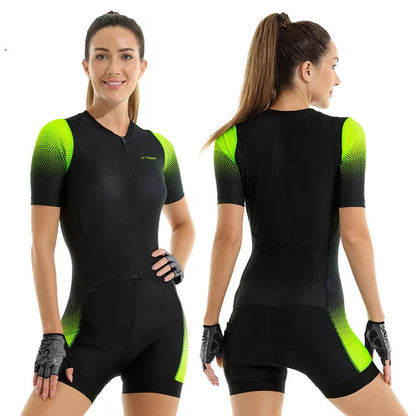 Women's summer cycling one-piece in breathable polyester fabric, available in four colors.