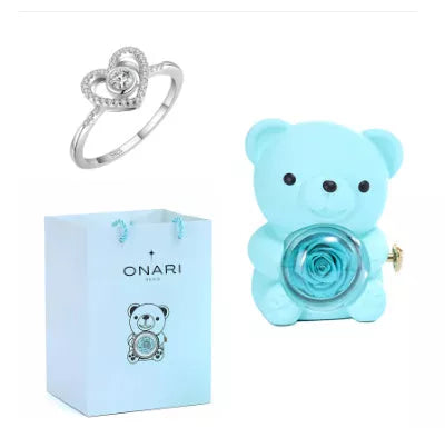 Eternal Rose Teddy Bear Jewelry Box with rotating drawer and preserved rose