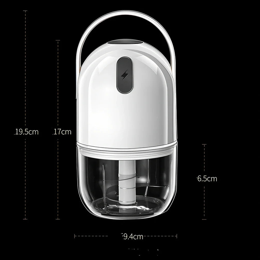 White electric garlic masher with USB cable, showing 280ml capacity chamber and compact 9cm width design