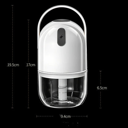 White electric garlic masher with USB cable, showing 280ml capacity chamber and compact 9cm width design