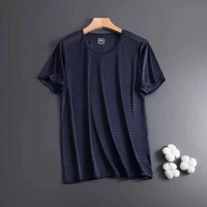 Men's loose fit ice silk short sleeve t-shirt in black, shown in a front view.