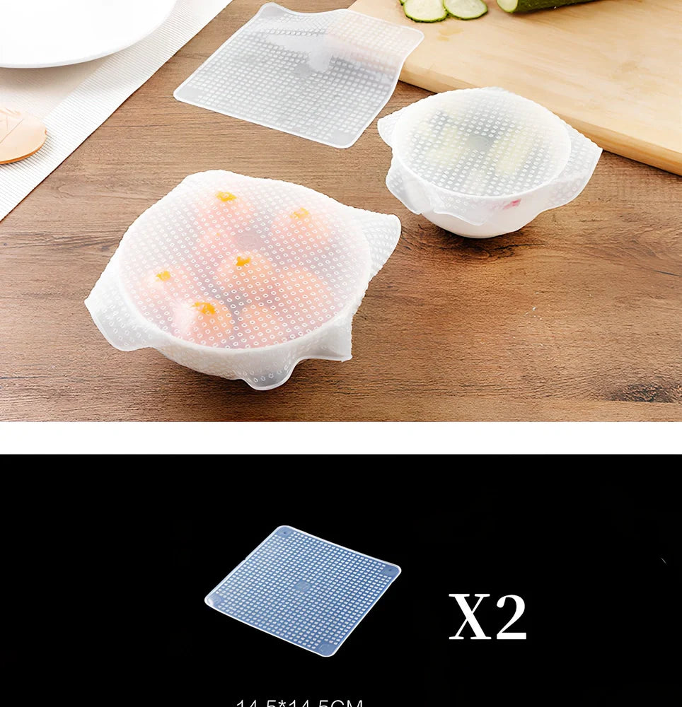 Reusable silicone stretch film covering bowl showing stretch capability and airtight seal
