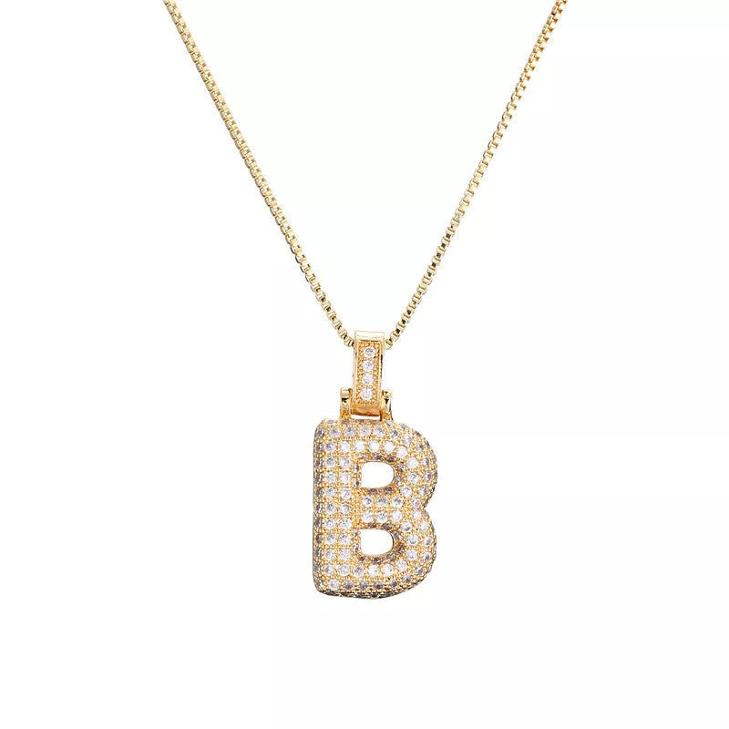 Copper Micro Inlaid Zircon Letter Pendant Necklace with customizable alphabet options