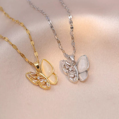 Women's Opal Butterfly Pendant Necklace in titanium steel with gold or steel color options