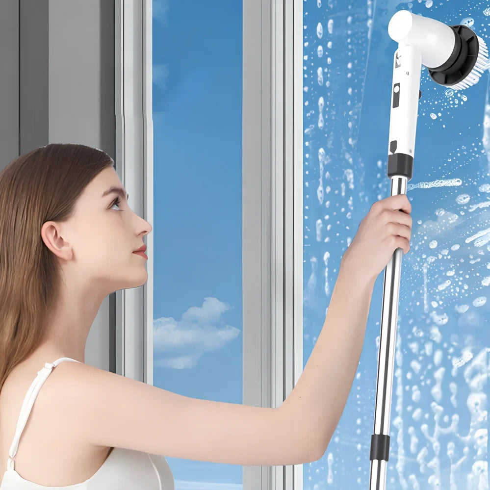 White 7-in-1 wireless electric cleaning brush with retractable 120cm handle and seven attachments for bathroom, floor, and car use