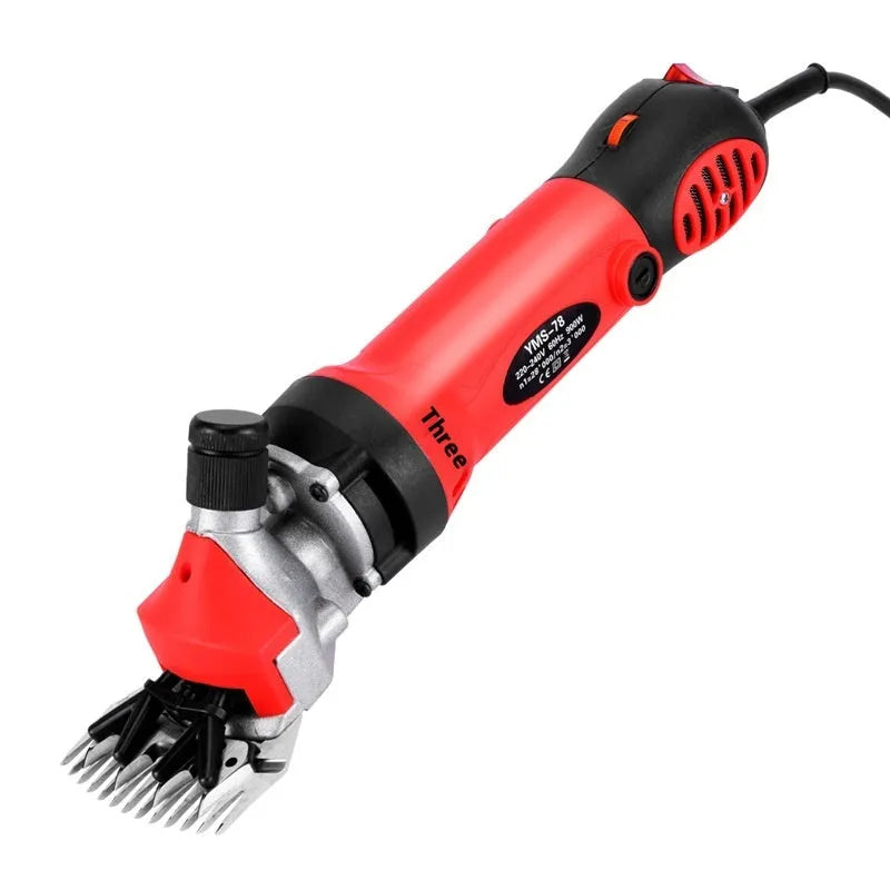 Yellow electric wool shearing tool with 13-tooth blade, multiple blade sets, and maintenance accessories in plastic storage box