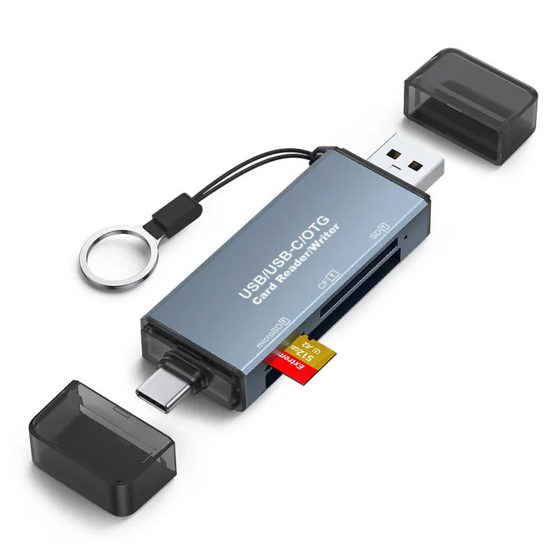 CF SD TF three-in-one USB card reader with aluminum alloy housing showing compact size