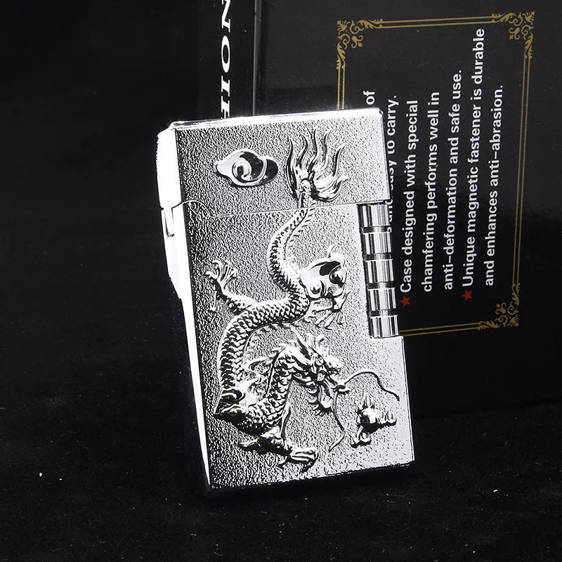 Embossed Chinese Dragon Gas Lighter with intricate design and metal construction