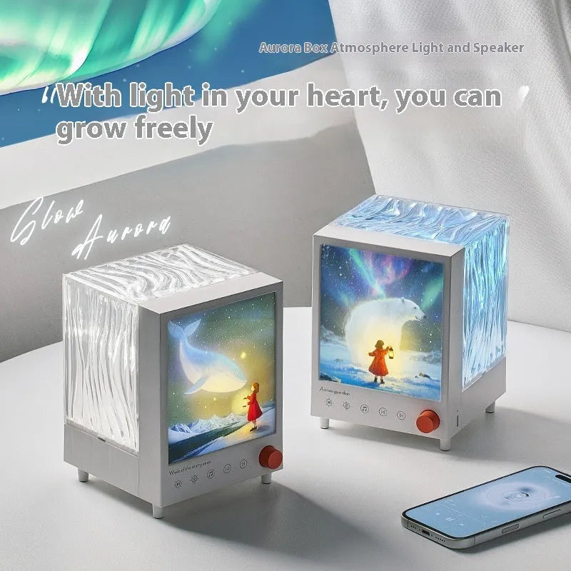 Aurora Treasure Box projection lamp showing Star Sea Whale light pattern with Bluetooth speaker, dimensions 11.98cm x 12.8cm x 16.23cm