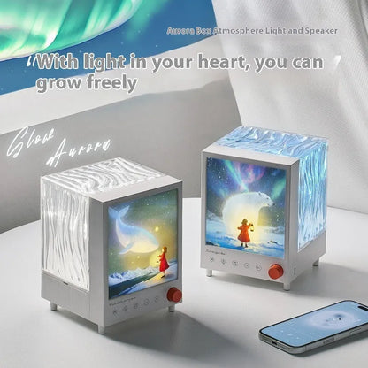 Aurora Treasure Box projection lamp showing Star Sea Whale light pattern with Bluetooth speaker, dimensions 11.98cm x 12.8cm x 16.23cm