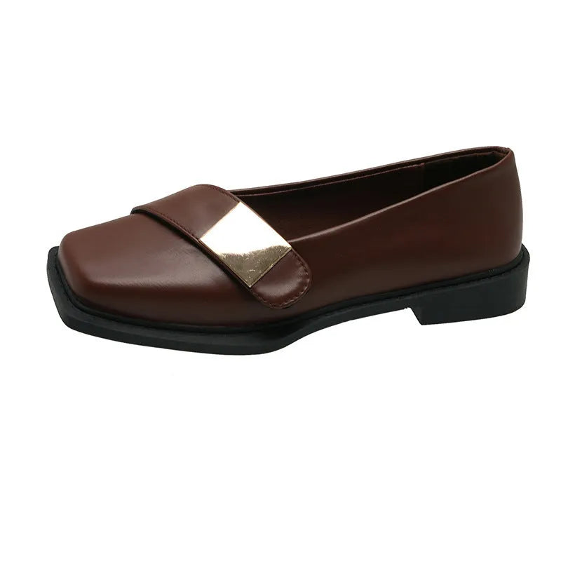 Women's square toe flat shoes with metal buckle in artificial leather