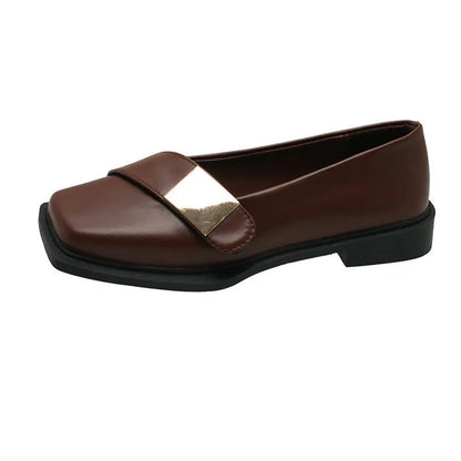 Women's square toe flat shoes with metal buckle in artificial leather