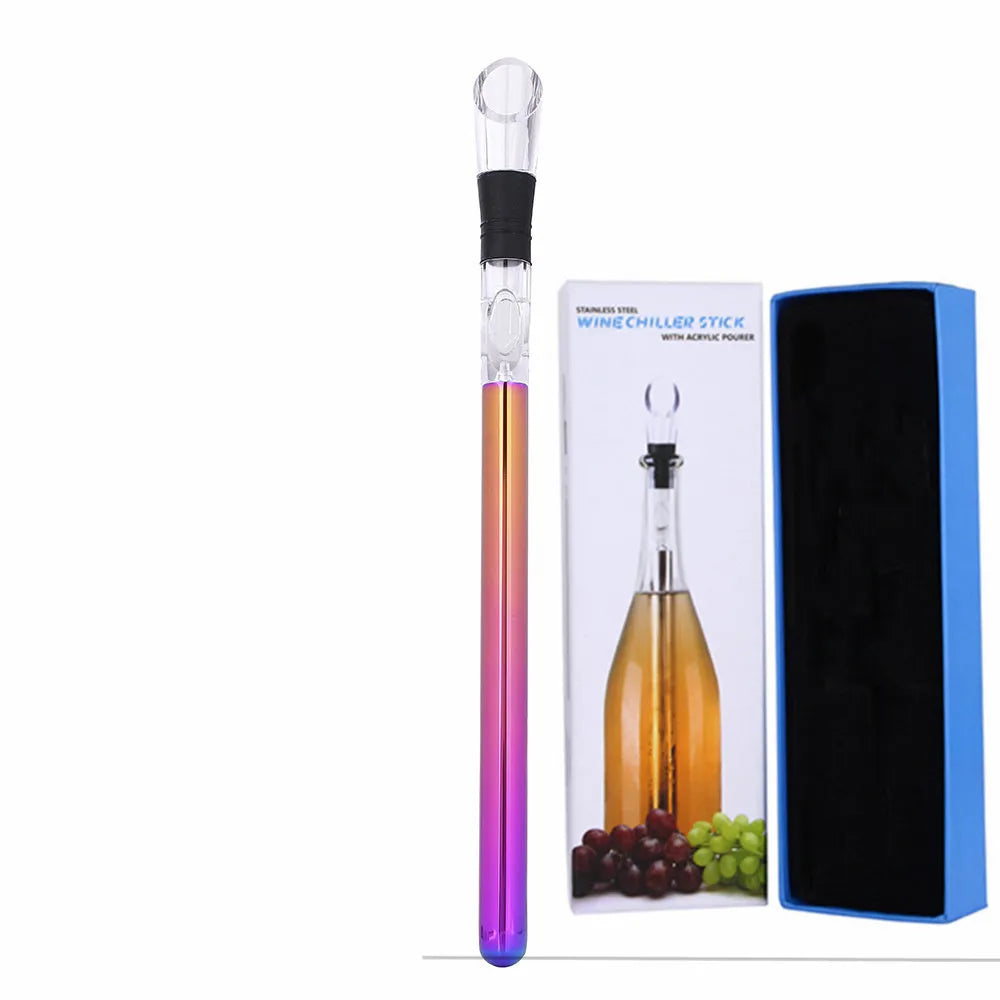 Stainless steel wine chilling rod with acrylic aerator pourer for cooling bottles from inside
