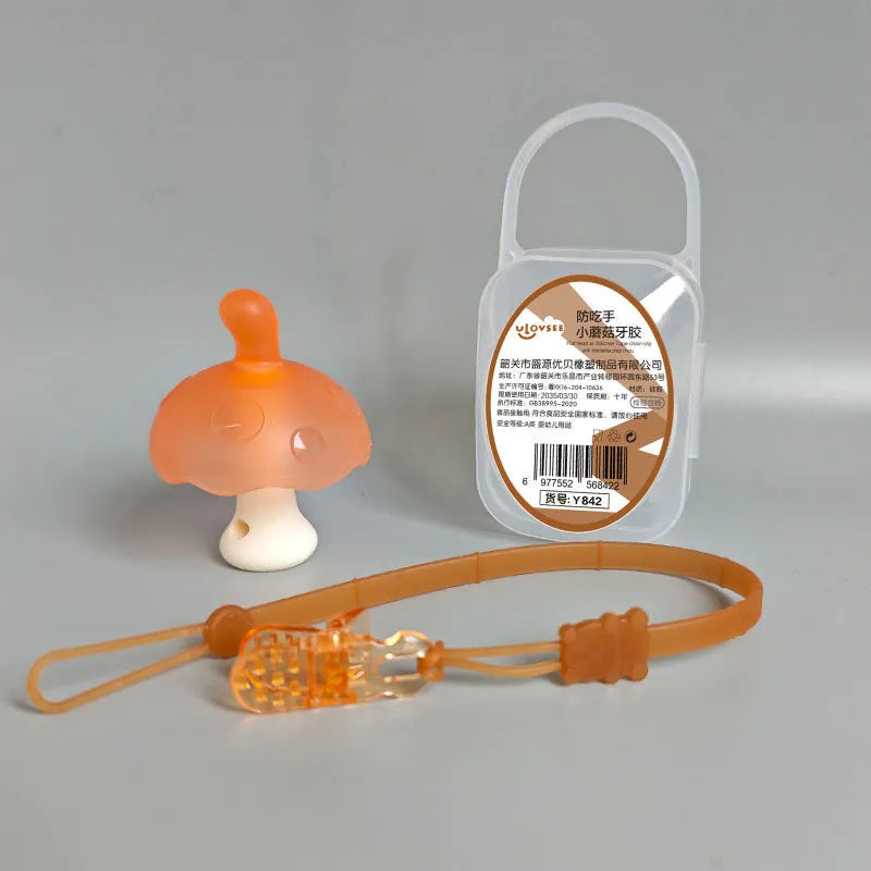 Small mushroom gum in mushroom pink or nano colour with transparent box and optional chain for chewable aid