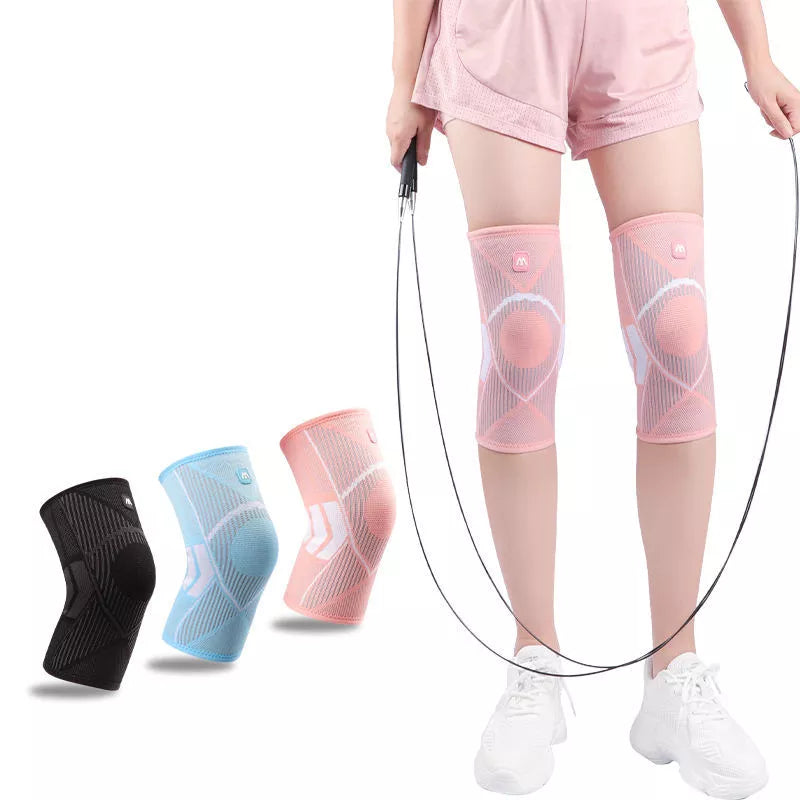 Non-slip knee compression sleeves in blue, pink, and black for pain relief and support