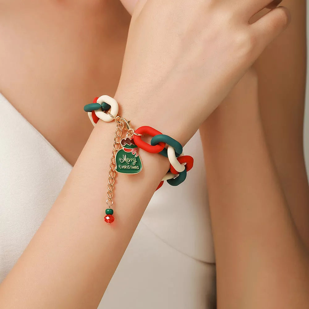 Festive Christmas Metal Chain Bracelet with Santa Claus and snowflake designs