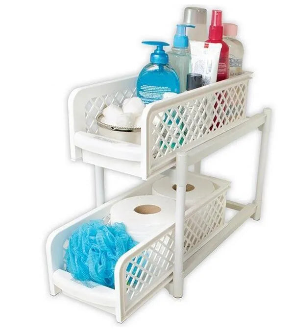 White two-tier plastic storage rack for bathroom or kitchen countertop, 41.5x19.3x9.3cm