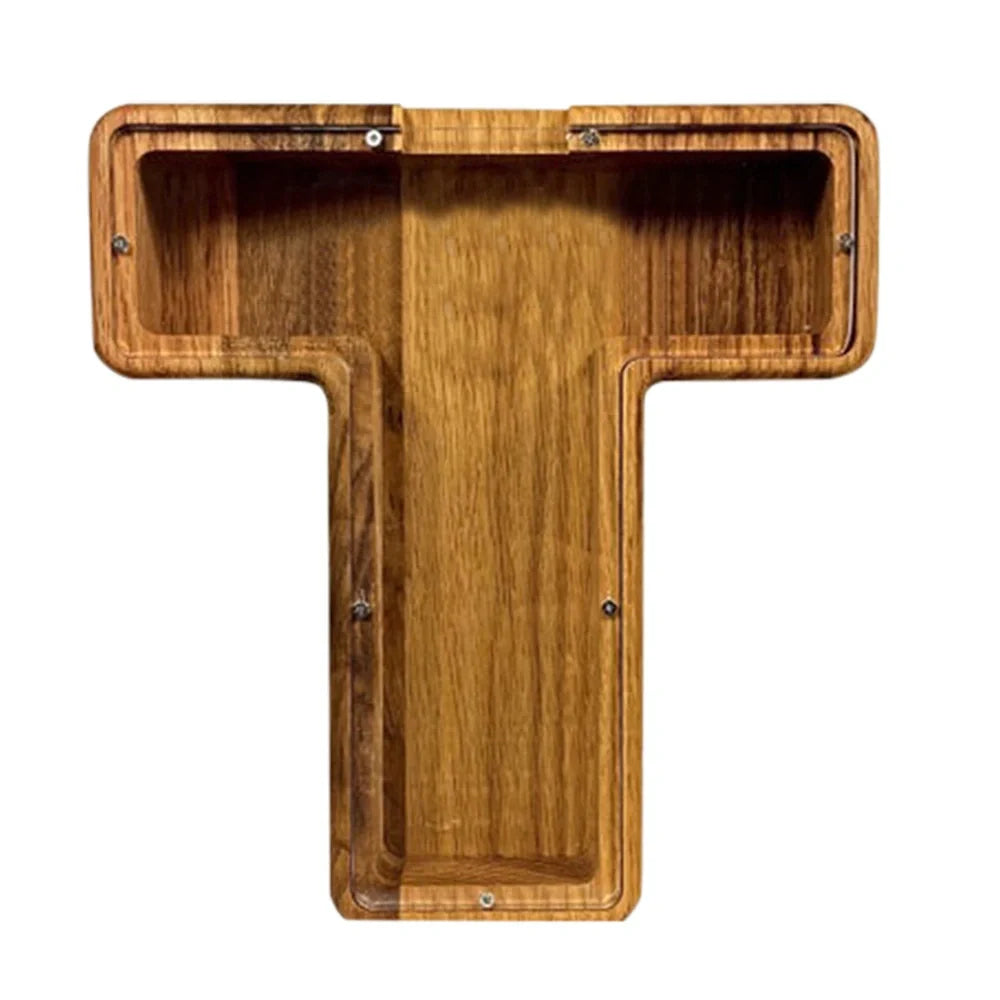 Handmade wooden letter piggy bank with personalised initial, showing 15cm height and 5cm coin slot for UK coins