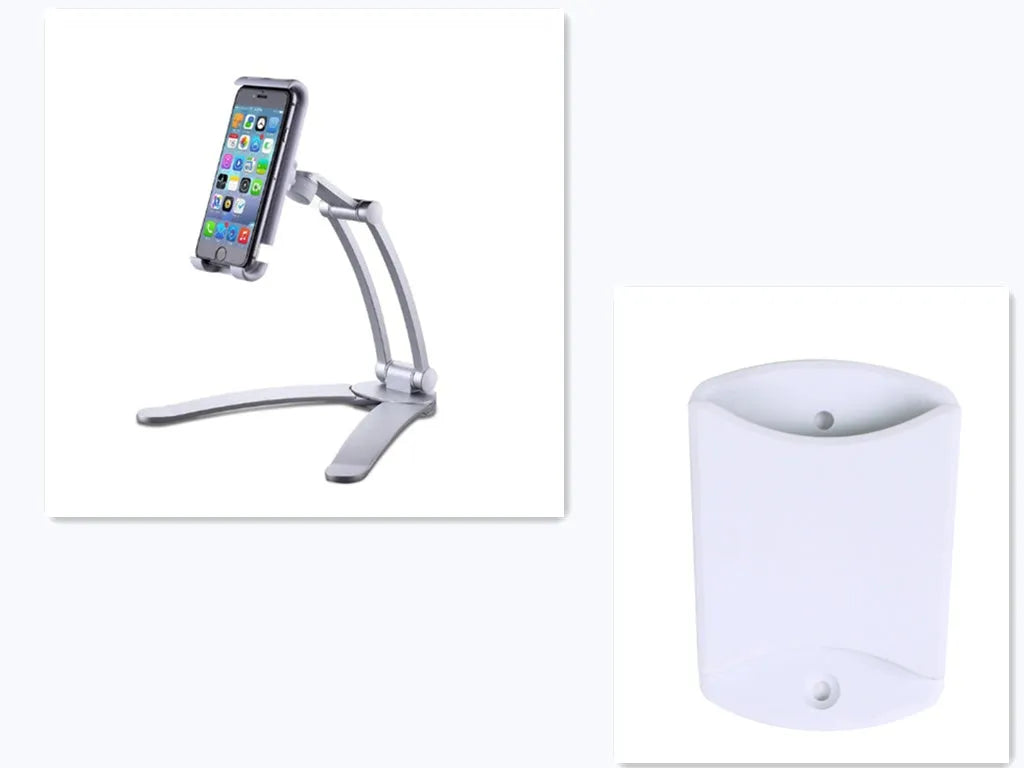 Aluminium alloy desktop tablet stand with adjustable clips on a 23.5cm base, holding a tablet at an angle