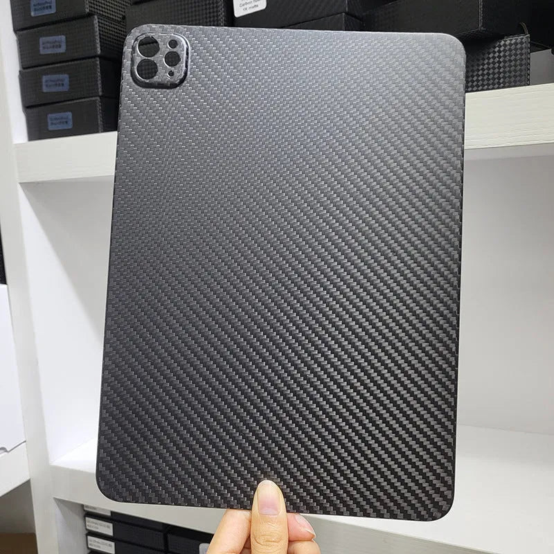 Carbon fibre protective cover for iPad Pro 11 showing 3K matte fine hole texture and embossed plaid pattern