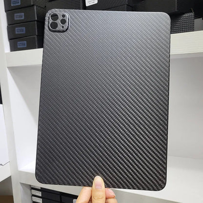 Carbon fibre protective cover for iPad Pro 11 showing 3K matte fine hole texture and embossed plaid pattern