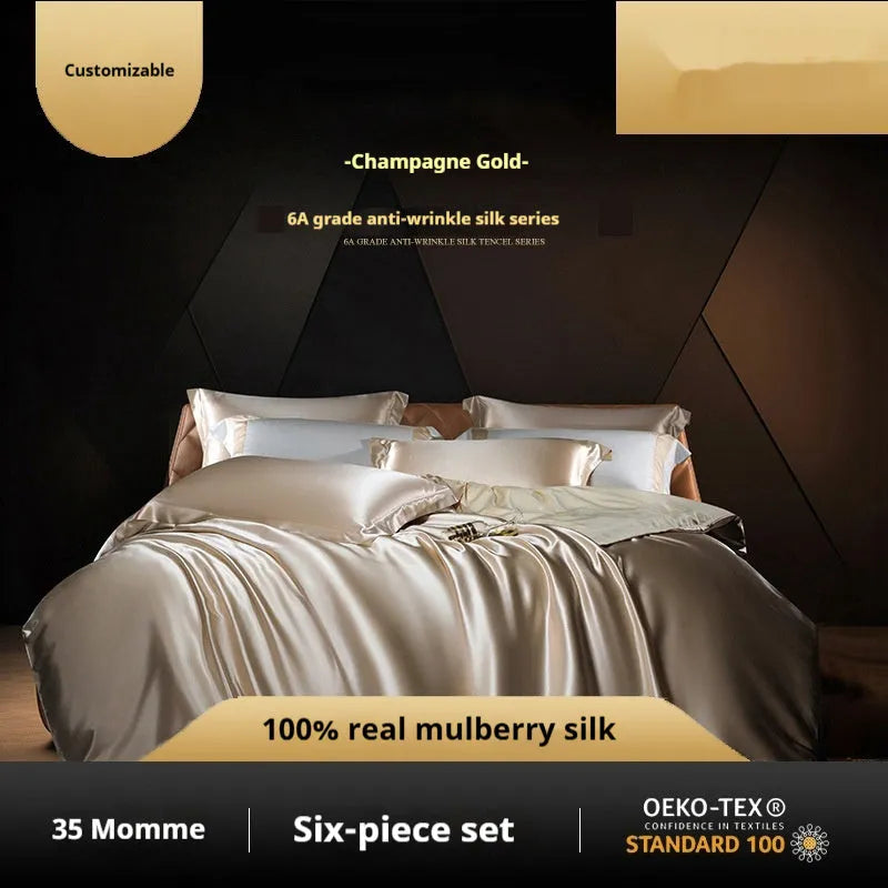 Household Fashion silk four-piece quilt cover set in solid colour showing 100% silk material texture and light luxury design