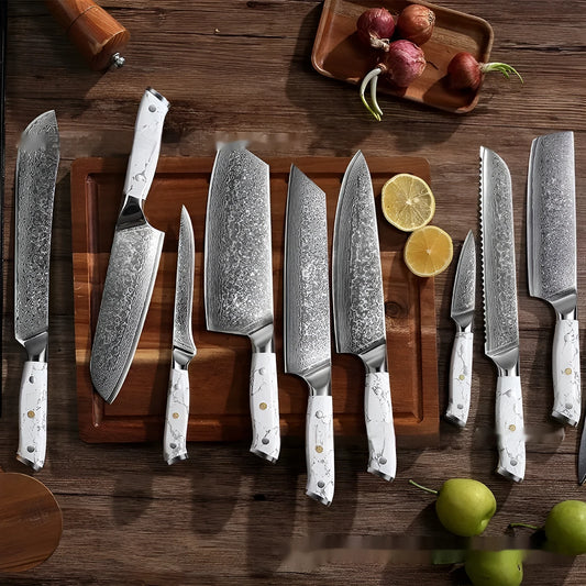 Damascus pattern chef's knife with a 21cm blade and dark handle on a wooden cutting board.