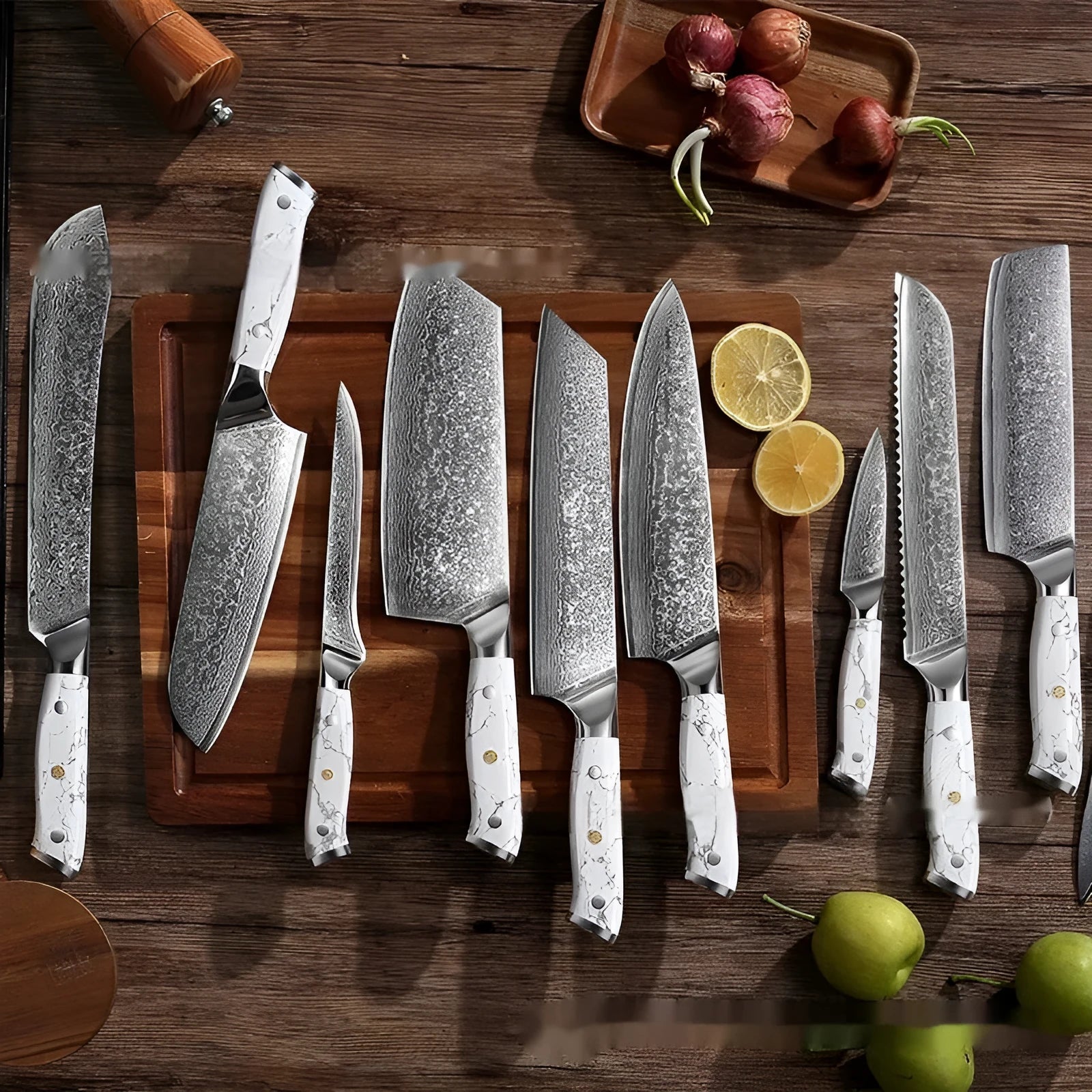 Damascus pattern VG10 steel chef's knife with a 21cm blade and simple handle on a wooden cutting board.