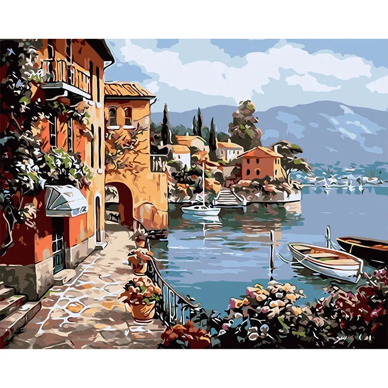 Rimless linen digital oil painting landscape wall art for living room decoration, a 40x50cm modern minimalist hand-painted canvas with flat visual effects suitable for lakeside scenery or small town subject themes.