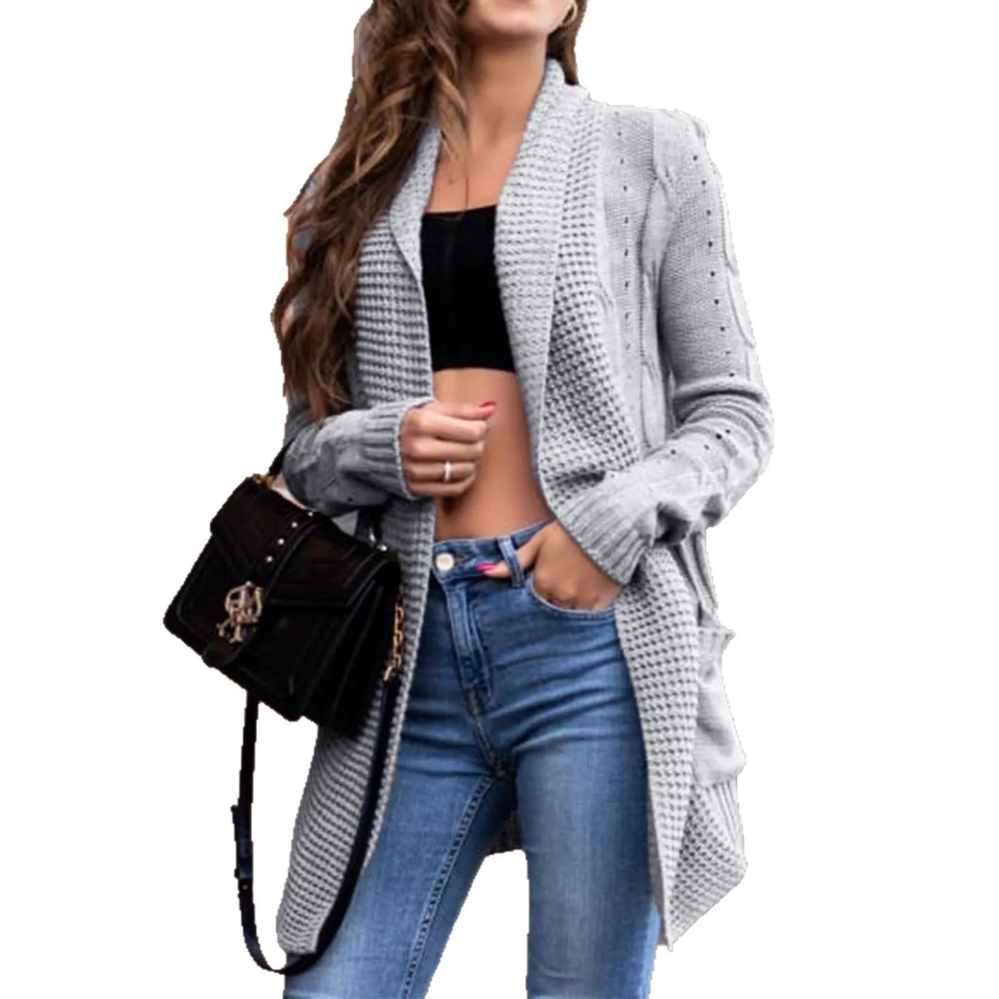 Grey loose fit women's cardigan coat with pockets and long sleeves on a hanger.