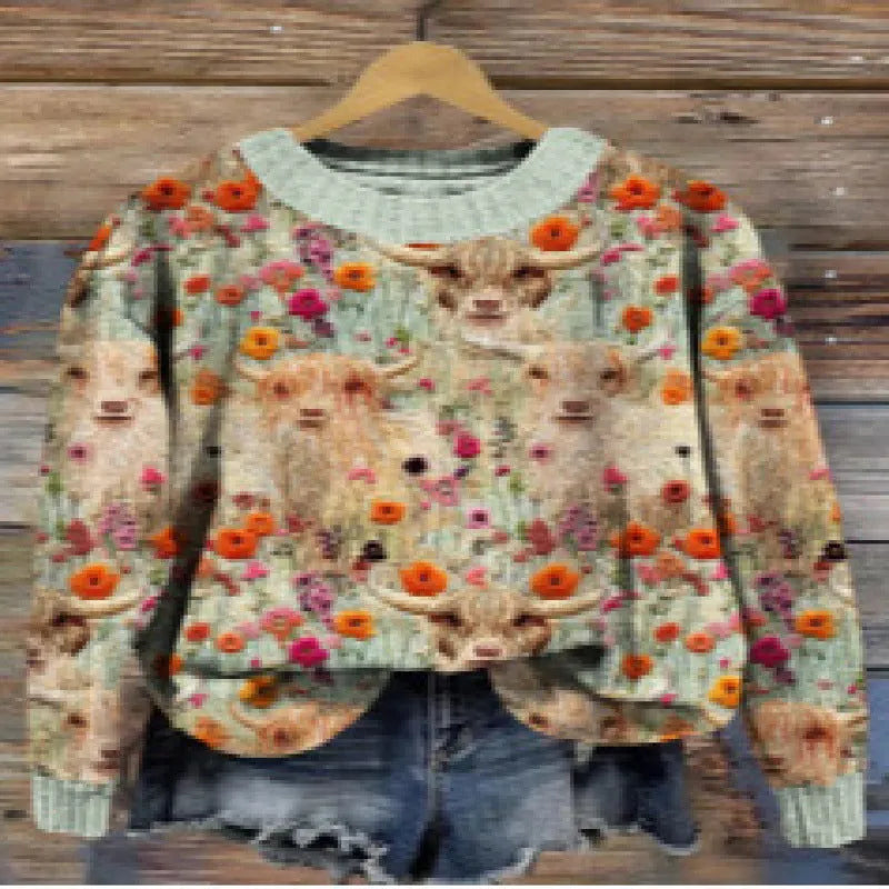 Round neck sweater with digital printed little flower pattern in various colours