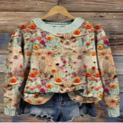 Round neck sweater with digital printed little flower pattern in various colours