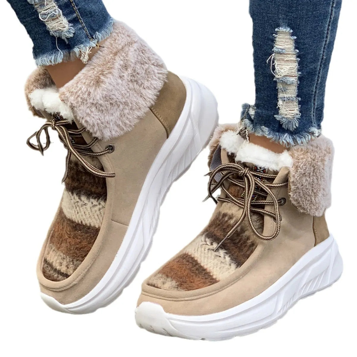 Women's lace-up snow boots in beige with suede upper, thermal fur lining, and non-slip rubber sole on a winter background