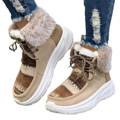 Women's lace-up snow boots in beige with suede upper, thermal fur lining, and non-slip rubber sole on a winter background