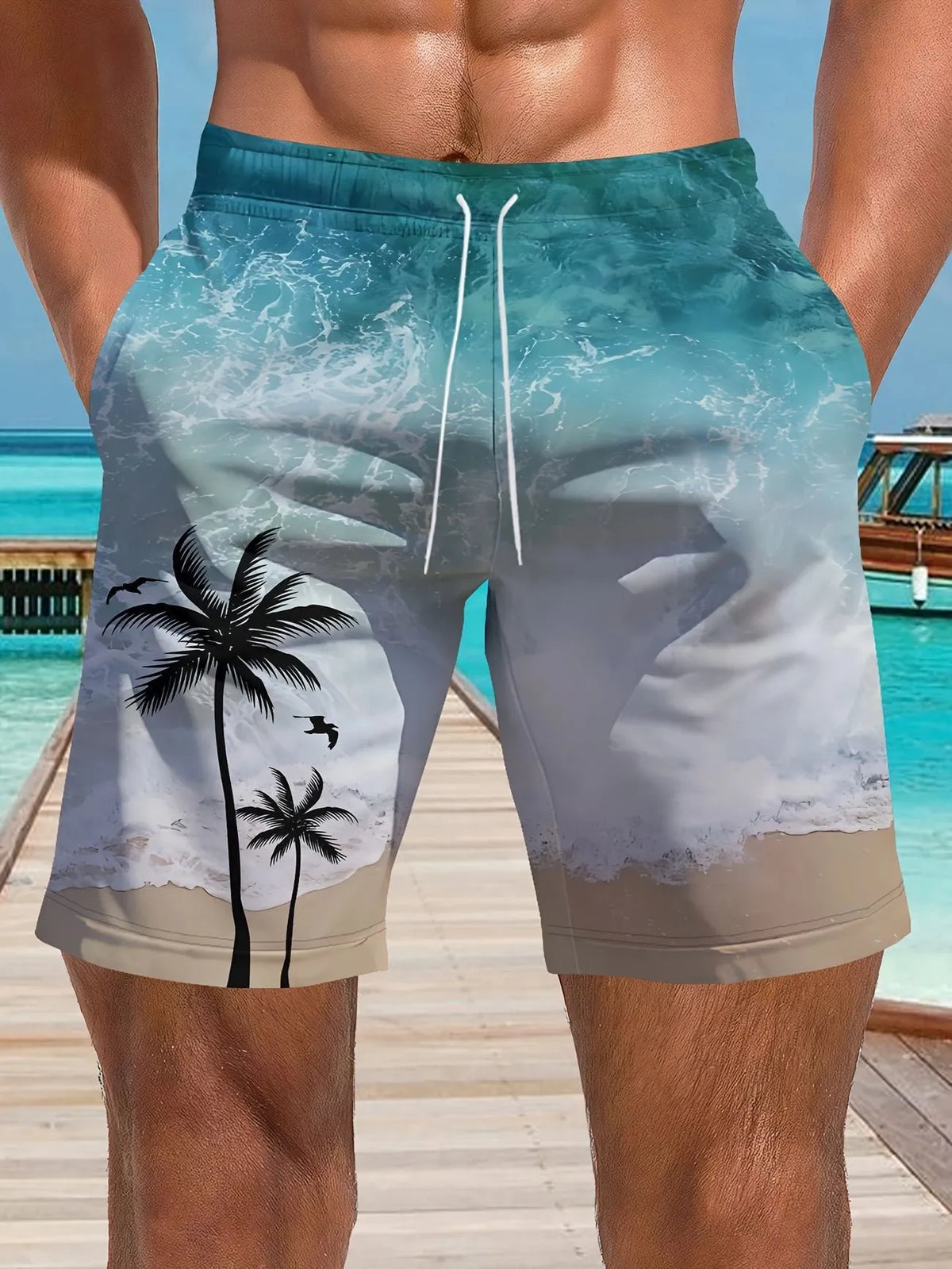 Men's micro-elastic quick-drying swimming trunks in polyester fabric showing colour and fit details